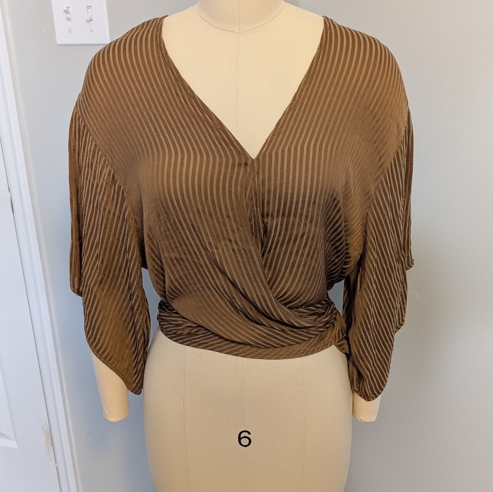 By Together Brown Striped Tie-Front‎ Blouse Size Small